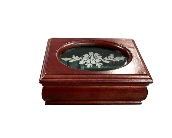 Wooden Other - Vintage Small Wooden Jewelry Box with Etched Floral Glass Trinket Box Velvet